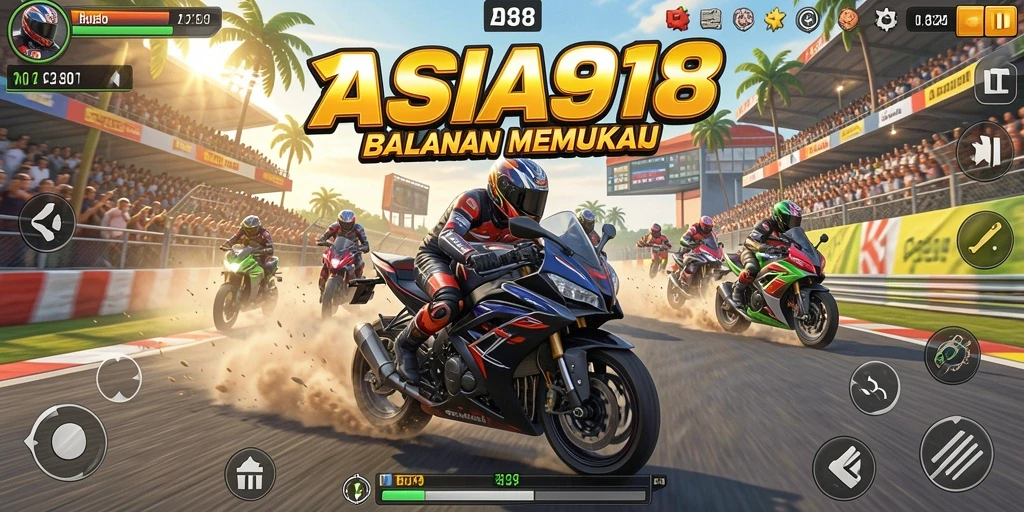 Tampilan menakjubkan dari gameplay ASIA918 dengan berbagai trek dan motor.