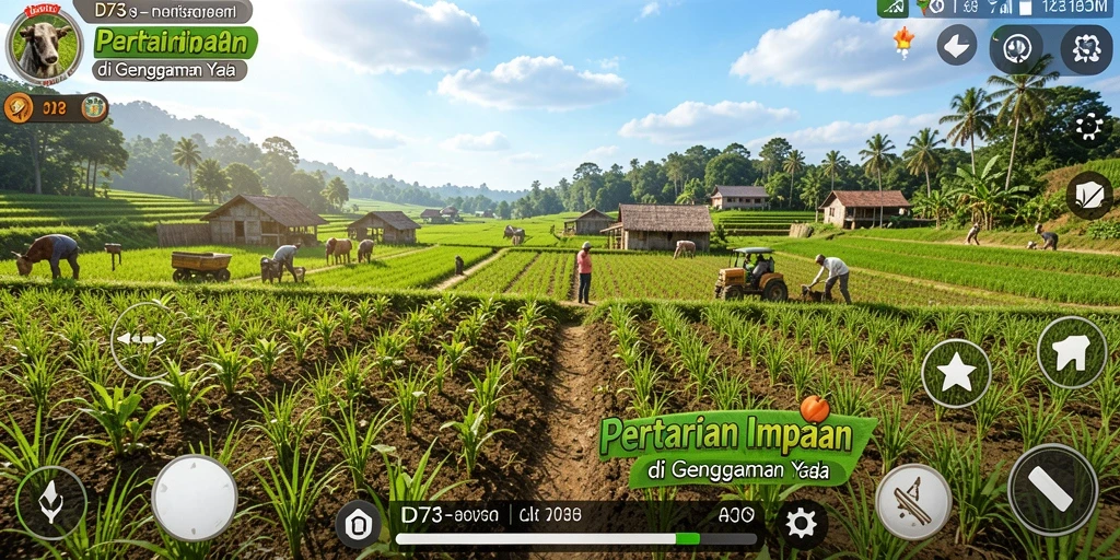 Tampilan gameplay D73 dengan suasana pertanian yang cerah dan aktif.