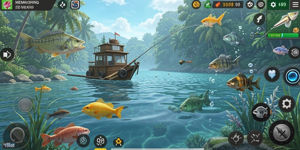 Screenshot H89 menunjukkan pemain menangkap ikan di lokasi indah.