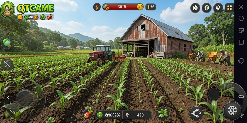 Screenshot gameplay QTGAME menampilkan aktivitas bertani yang menyenangkan.