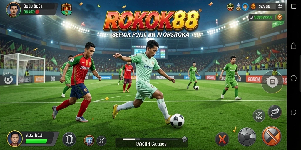 Screenshot utama ROKOK88 menampilkan aksi sepak bola yang intens.