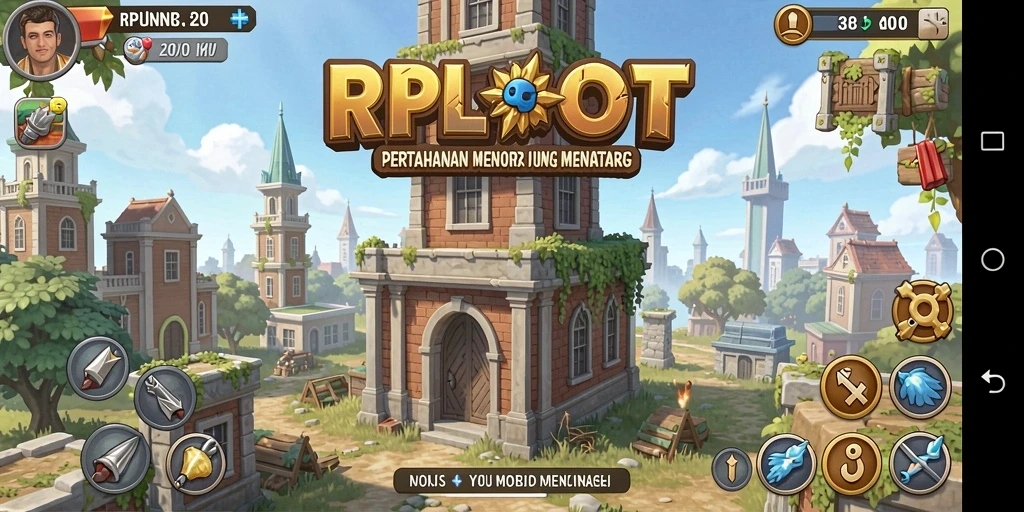 Tangkapan layar gameplay RPLOOT yang menampilkan strategi pertahanan menara.