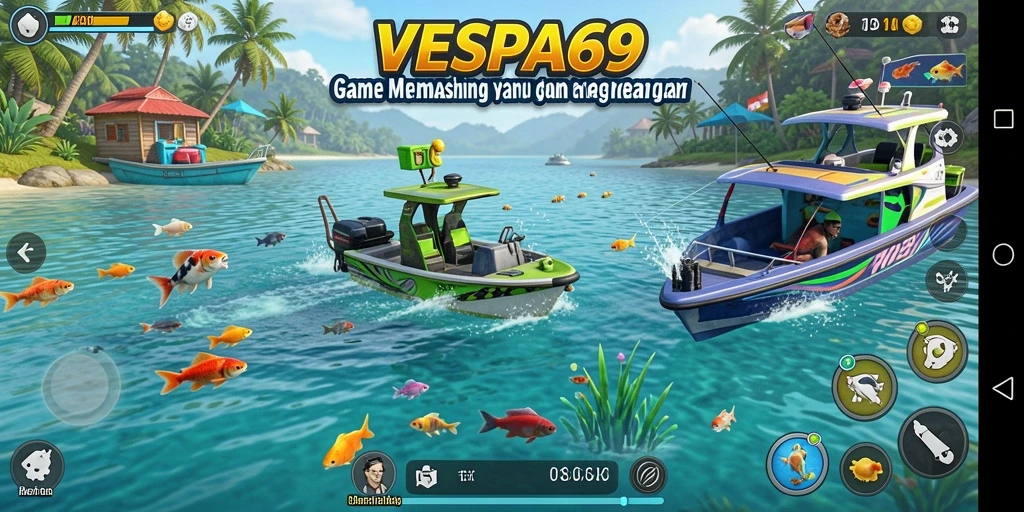 Gameplay memancing seru dalam VESPA69 dengan berbagai lokasi indah.